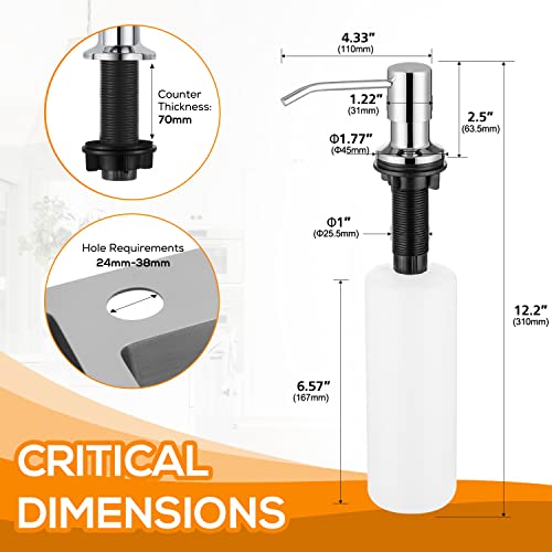 Built in Soap Dispenser for Kitchen Sink Chrome Stainless Steel Pump Head, Counter Soap Dispenser Refill from Top with 17 Ounce PE Bottle - color: Chrome