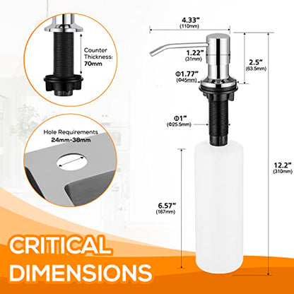 Built in Soap Dispenser for Kitchen Sink Chrome Stainless Steel Pump Head, Counter Soap Dispenser Refill from Top with 17 Ounce PE Bottle - color: Chrome