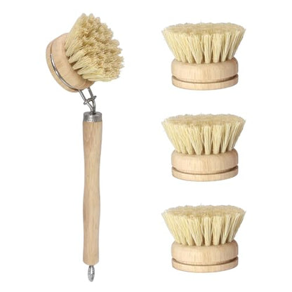 Wooden Dish Brush Set, 4 Natural Bristle Replacement Heads with 1 Sturdy Wooden Handle, Sisal Kitchen Scrub Brush for Pots, Pans, Vegetables and Cookware - size: Medium Hard