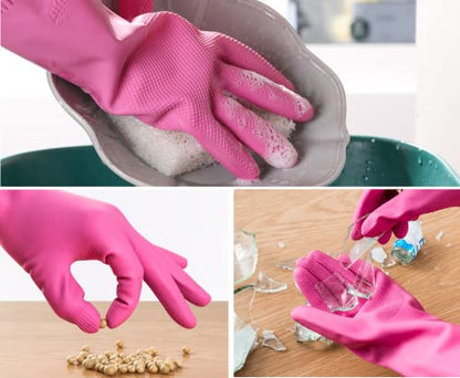 Myungjin (2 Pairs Reusable Waterproof Household Dishwashing Non-Slip Cleaning Latex Rubber Kitchen Gloves (Pink, Medium) - size: Medium 21cm x 37 cm