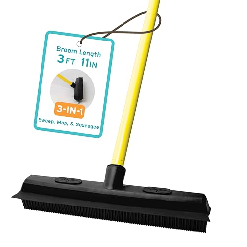 FURemover Sweep Pet Hair Rubber Broom with Squeegee and Attachable Microfiber Cloth and 47” Handle for Tile, Carpet and Hardwood