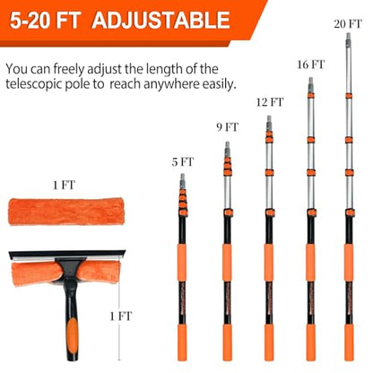 Buyplus 26Ft High Reach Squeegee for Window Cleaning Kit with 5 to 20 Foot Extension Pole, Extendable Window Cleaner Squeegee, Telescopic Window Washing Kit for Indoor/Outdoor High Window