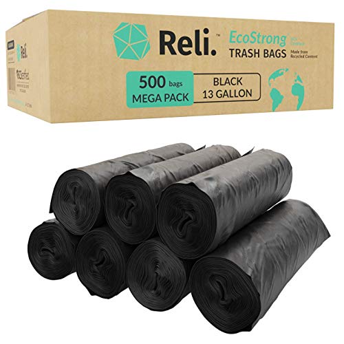 Reli. EcoStrong 13 Gallon Trash Bags | 500 Count Bulk | Black | Eco-Friendly | Made from Recycled Material - size: 1 Count (Pack of 500)