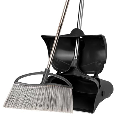 Long Handle Heavy Duty Broom and Dustpan Set, Outdoor and Commercial Upright Dustpan and Brush for Restaurant Garage Garden Yard Office,Black - color: Black