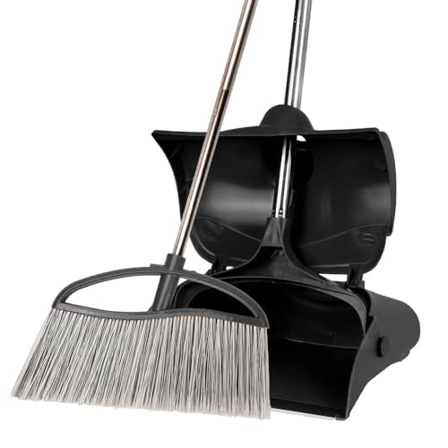 Long Handle Heavy Duty Broom and Dustpan Set, Outdoor and Commercial Upright Dustpan and Brush for Restaurant Garage Garden Yard Office,Black - color: Black