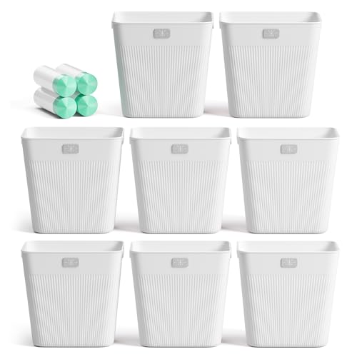 JOYMOOP Slim Trash Can 8-Pack, 2.2 Gallon Plastic Wastebasket for Bathroom, Bedroom, Office, Kitchen with 4 Rolls Bags, White - color: White, size: 8 pcs Waste Baskets+ 4 Rolls of Trash Bags