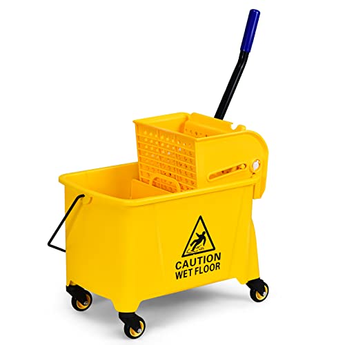 ARLIME Commercial Mop Bucket with Wringer, 21 Quart Capacity Portable Wringer Trolley, Side Press Floor Cleaning Wavebrake w/Handle, Small Mop Bucket on Wheels for Home, Industrial, Yellow - size: 21 Quart