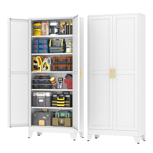 pozdeg 75" Metal Garage Storage Cabinet, Heavy Duty Steel Tool Cabinet with 2 Doors & 5 Adjustable Shelves, Freestanding Organizer Cabinet for Garage Home Office Basement (White) - color: White, size: 75"H