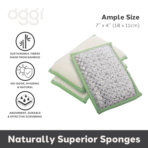 OGGI Bambou Odor-Free Scrubbing Sponges - Natural Scrub Sponges for Dishes, 91% Bamboo-Derived Rayon Cellulose Fiber, Reusable, Absorbent, Durable Scrubbers, Non-Scratch, Washable - 3 pcs, 7x4 - color: White/Sage