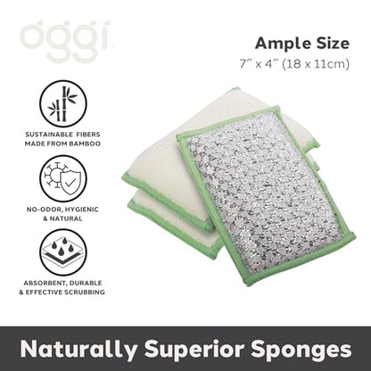 OGGI Bambou Odor-Free Scrubbing Sponges - Natural Scrub Sponges for Dishes, 91% Bamboo-Derived Rayon Cellulose Fiber, Reusable, Absorbent, Durable Scrubbers, Non-Scratch, Washable - 3 pcs, 7x4 - color: White/Sage