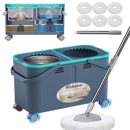 2026 Upgraded Gen 2 Spin Mop and Bucket Set with 4 Swivel Wheels for Easy Rolling, Separates Clean & Dirty Water, Floor Mop with 6 Washable Mop Heads for Wood, Tile, Vinyl, Baseboards - Grey/Blue - size: Grey/Blue Mop Bucket + 6 Extra Refill