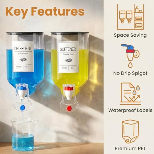 2 Pack Laundry Soap Dispenser,Wall Mounted Detergent Dispenser, Fabric Softener Dispenser, Liquid Dispenser with Spigot for Laundry Room Organization and Storage with 4 Labels Measuring Cups