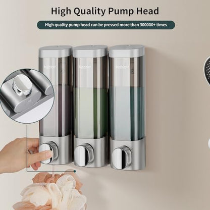 3 in 1 Wall Mounted Shower Dispenser, 3 x 10 oz Shampoo Body Wash Conditioner Pump Dispenser, No Drill for Bathroom & Kitchen - color: Silver