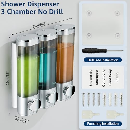 Shampoo and Conditioner Dispenser 3 Chamber No Drill,Shower Soap Pump Dispenser Wall Mounted,Body Wash Dispenser,Shower Gel Shampoo Holder for Bathroom Accessories, (Silver 3) - color: Silver 3