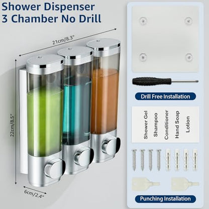 Shampoo and Conditioner Dispenser 3 Chamber No Drill,Shower Soap Pump Dispenser Wall Mounted,Body Wash Dispenser,Shower Gel Shampoo Holder for Bathroom Accessories, (Silver 3) - color: Silver 3