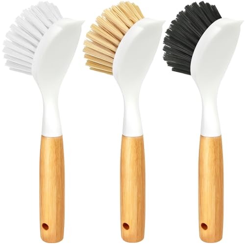 Holikme 3 Pack Dish Brush Set with Bamboo Handle, Kitchen Brushes for Cleaning Pot, Sink and Stove, Skillet Scrubber with Tough Bristles for Cast Iron Grill Pan, White Yellow Black - color: White Yellow Black
