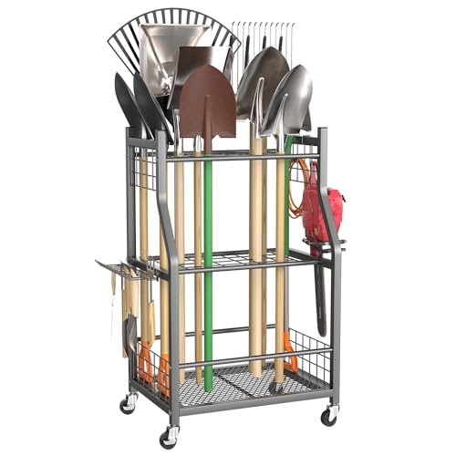 TORACK Garden Tool Organizer with Wheels, Rakes Shovels Yard Tools Stand for Garage, Shed, Garden, Indoor/Outdoor Long-Handled Tools Cart(Mid-size) - style: Mid-size Tool Stand