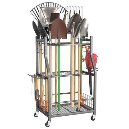 TORACK Garden Tool Organizer with Wheels, Rakes Shovels Yard Tools Stand for Garage, Shed, Garden, Indoor/Outdoor Long-Handled Tools Cart(Mid-size) - style: Mid-size Tool Stand