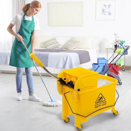 Mop Bucket & Side Wringer Combo for Home & Restaurant, Commercial Mop Bucket with Side Press Wringer on Wheels, Heavy Duty & Commercial Janitorial Cart for Business