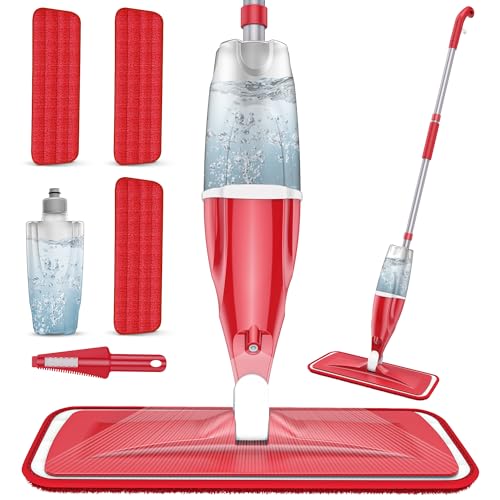 Spray Wet Mops for Hardwood Floor Cleaning: EXEGO Microfiber Dry Dust with 3 Washable Pads for Swiffer PowerMop - Flat Floor Mops with Sprayer for Wood Laminate Ceramic Tiles - color: Red