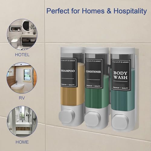 3-Chamber Wall Mount Shower Dispenser - No-Drill Adhesive or Drill Mount - Refillable Shampoo, Conditioner & Body Wash Dispenser for Home, RV & Hotel - Eco-Friendly & Compact (Silver) - color: Silver