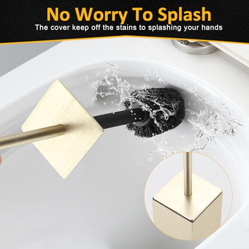 BVL Toilet Brush and Holder Floor Standing, Brushed Gold with 2 Replaceable Heads, Bathroom Toilet Brush, Freestanding Toilet Bowl Brush with Removable Liner and Splash Guard - color: Brushed Gold-standing