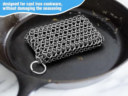 Herda Chain Mail Cast Iron Cleaner Scrubber,316 Chainmail Pan Scrubber Metal Cleaning Brush, Pad, Sponge Scraper to Clean Skillet,Dutch Oven, Wok,Grill Griddle,Chain Link Scrub Brush Pot Care Kit - color: Charcoal Black