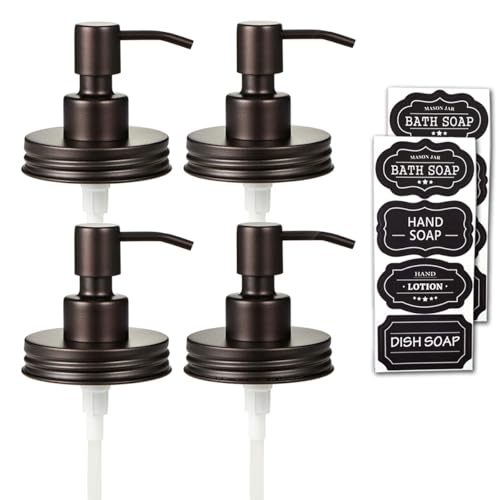 Amolliar Mason Jar Liquid Soap Dispenser Pump Lid, Stainless Steel Pump for 16oz Regular Mouth Jar, Rustic Farmhouse Decor, Kitchen Hand Soap, Dish Soap, Lotion Soap, Bronze 4 Pack, Extra 2 Long Tubes - color: Bronze, size: 4 Pack