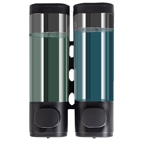 2-Chamber Black Wall Mounted Soap Dispensers, 10oz/300ML Refillable Shampoo Conditioner Shower Dispenser No Drill, Clear Plastic Manual Pump Dispenser for Bathroom Hotel Kitchen - color: 2-chamber Black