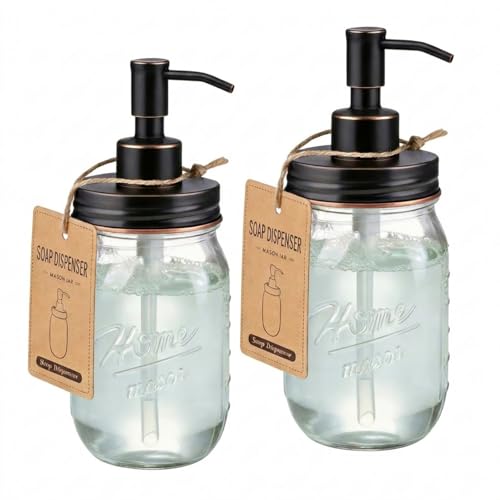 SheeChung 16 Oz Mason Jar Liquid Soap Dispenser, Glass Hand Soap Dispenser, Stainless Steel Pump Lid, Refillable Lotion Dispensers for Bathroom Countertop Kitchen (2, Oil Rubbed Bronze) - color: Oil Rubbed Bronze-2 Pack