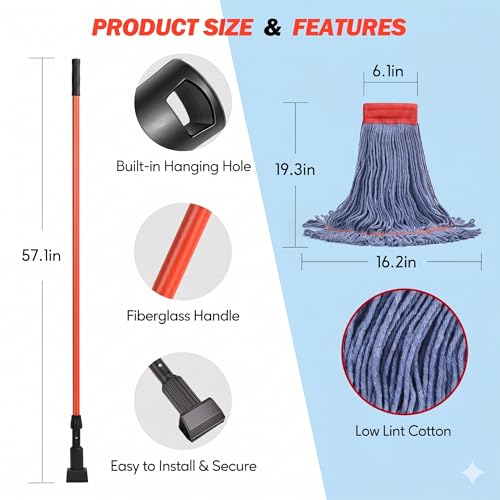 Mop with Strings Industrial Commercial Grade, 60 inch Heavy Duty One-Piece Fiberglass Handle, No Loosening, Built to Last, Reinforced Head Connection, Professional Cotton Mop for Janitorial, Garage