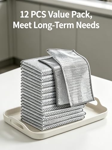 12 Pack Silver Metal Mesh Dish Washing Cloths, Tightly Woven Scrubber Pads for Kitchen Cleaning, Reusable Wire Rags for Pots Pans and Cookware, 20cm Square Size