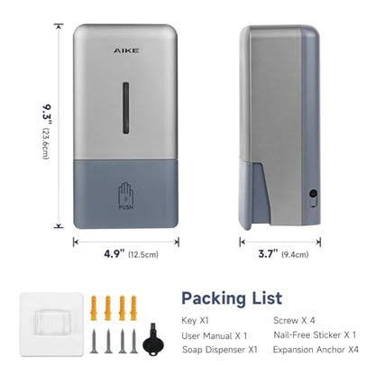 AIKE Wall Mount Liquid Soap Dispenser for Commercial Bathroom 27oz Large Capacity Manual Push Pump Silver - color: Silver