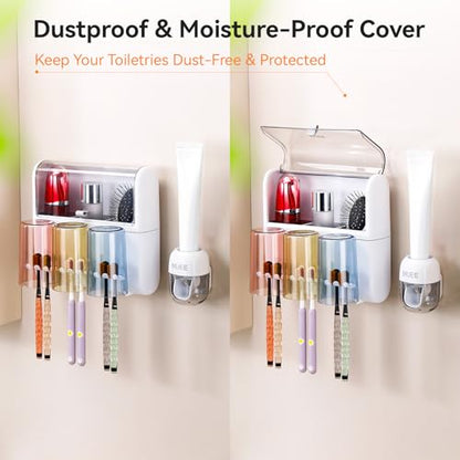 Toothbrush Holder Wall Mounted with Automatic Toothpaste Dispenser, Dustproof Flip Cover and Inverted Cup Slots, Multi-Functional No-Drill Bathroom Organizer for Family, Space Saver (3 Cups) - color: 3 Cups