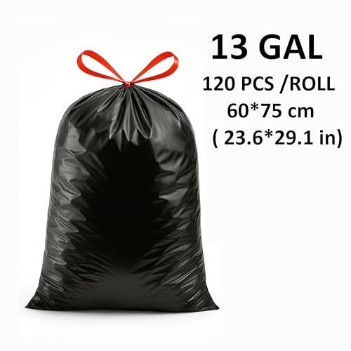 13 Gallon Drawstring Trash Bags (120 Count) – Black Garbage Bags, Leak & Tear Resistant, Tall Kitchen Trash Bags for Home, Office & Commercial Use, Odor Control – San Zooni