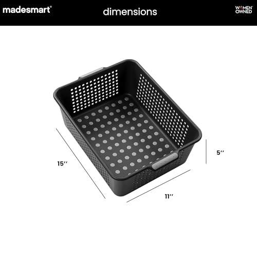 madesmart Large Storage Basket, Multipurpose Organizer Bin with Soft Grip Handles, Non Slip Feet & Ventilated Design for Kitchen, Pantry, Bathroom & Laundry, Carbon, 15 x 11 x 5 Inch