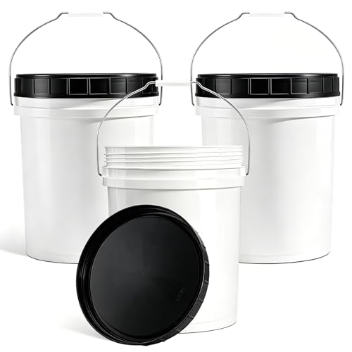 DEMORA 5 Gallon Food Grade Plastic Bucket with Easy Open & Close Screw Lid, Heavy Duty Pail with Metal Handle, BPA-Free, for Food Storage, Water, Cleaning, Industrial Use（Black Lids，3 Pack） - color: White Black Lid, size: 5 Gallon