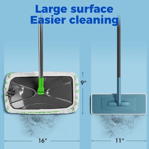 Masthome 16" Extra Large Microfiber Flat Mop for Floor Cleaning, 360° Rotating Dust Mop with 5 Washable Pads & 1 Cleaning Scraper, Wet Dry Mop for Hardwood Laminate Tile Ceramic - color: Green Extra Large