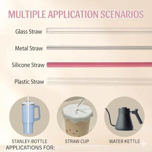2-in-1 Dual-Ended Silicone Straw Cleaner Brush, Extra Long Reusable Straw Brush for Narrow Metal & Wide Smoothie Straws, Soft Bendable Cleaning Tool for Tumblers, 6mm + 9mm, Pink