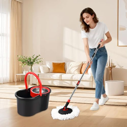 Spin Mop and Bucket, Mop and Bucket with Wringer Set for Home, 360 Spinning Mop Bucket Floor Cleaning Tool with 1 Microfiber Mop Replacement Head,50" Stainless Steel Handle (Black-Includes 1 mop) - color: Black-includes 1 Mop