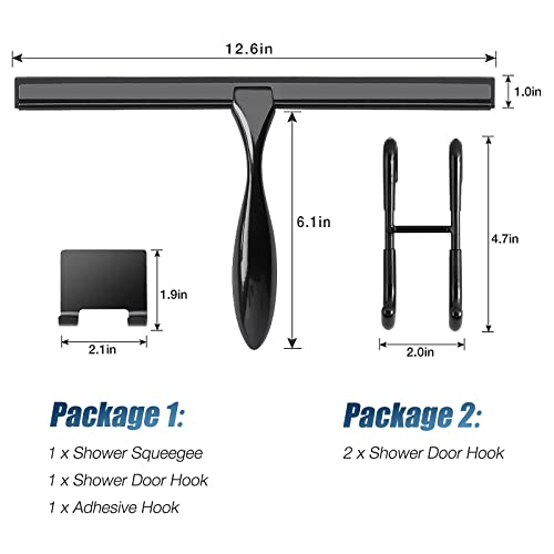 Simtive 12-Inch Shower Squeegee (Includes 1 Shower Door Hook and 1 Adhesive Hook), Shower Door Hooks (2-Pack), Both Black, 2 Item Bundle