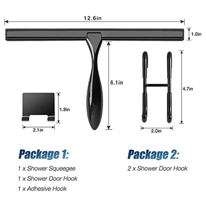 Simtive 12-Inch Shower Squeegee (Includes 1 Shower Door Hook and 1 Adhesive Hook), Shower Door Hooks (2-Pack), Both Black, 2 Item Bundle