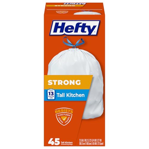 Hefty Strong Tall Kitchen Trash Bags, Unscented, 13 Gallon, 45 Count - size: 45 Count (Pack of 1)