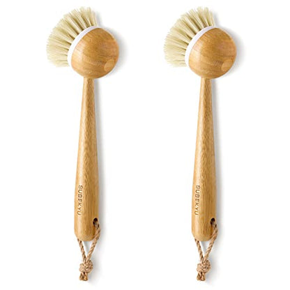 SUBEKYU Dish Brush with Handle, Natural Bamboo Dish Scrubber Brush, Kitchen Dishwashing Brush for Cleaning Dishes/Pans/Pots/Sinks, Sisal Bristles, 2P - color: Round 2p