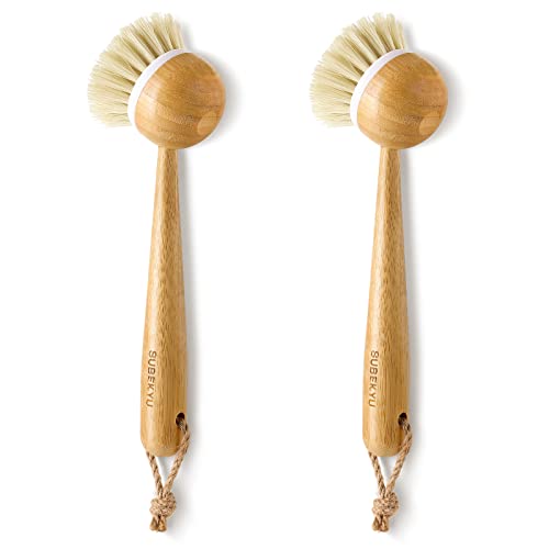 SUBEKYU Dish Brush with Handle, Natural Bamboo Dish Scrubber Brush, Kitchen Dishwashing Brush for Cleaning Dishes/Pans/Pots/Sinks, Sisal Bristles, 2P - color: Round 2p