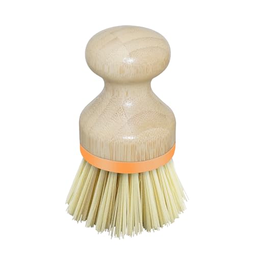 OGGI Natural Bamboo Dish Brush - Round Palm Dish Brush, Non-Scratch, Odorless Nylon Bristles, Durable Scrub Brush for Grease & Grime, Safe Cleaning Brush for Non-Stick Cookware - Orange Accent Color - color: Orange
