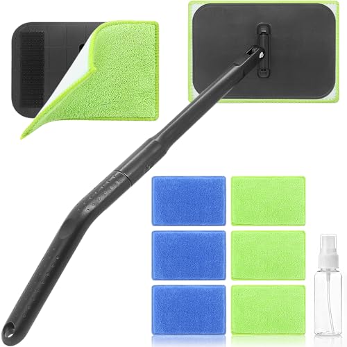 Windshield Cleaner Tool with 6 Reusable Magic Fiber Pads & Spray Bottle, Removable Handle Car Window Wiper Kit for Interior/Exterior Glass, Trucks, SUVs, RV (Dry & Wet Use)