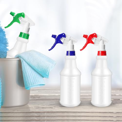 Zubebe 24 Pack 32 oz Plastic Spray Bottle Bulk Empty Leakproof Heavy Duty Spray Bottles for Cleaning Supplies Mist Bottles with Label and Adjustable Nozzle for Plant(Blue, Red, Green,Clear Scale) - color: Blue, Red, Green, style: Clear Scale