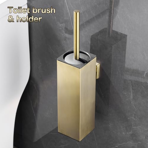 Toilet Brush Set - Brushed Gold, Wall-Mounted Holder, Cleaning Brush Head, and Splash Guard - color: Brushed Gold