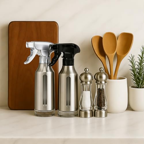 Oil Sprayer for Cooking 180ml, Olive Oil Mister with Fine Mist Trigger, Stainless Steel Refillable Glass Dispenser Bottle 6.35oz for Air Fryer BBQ Salad & Baking (Silver Gray+Stainless Steel) - color: Silver Gray+Stainless Steel